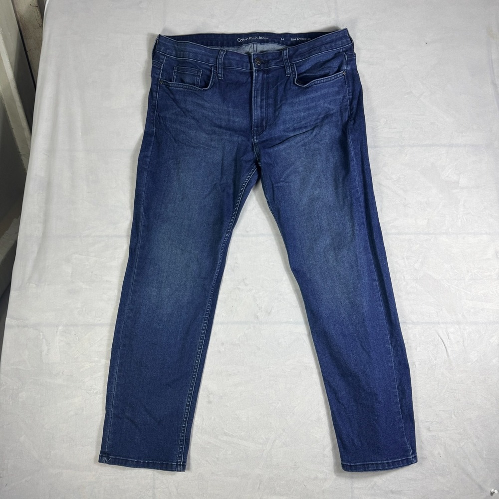 Calvin Klein Womens Slim Boyfriend Jeans Blue Denim Dark Wash All Day Comfort 14